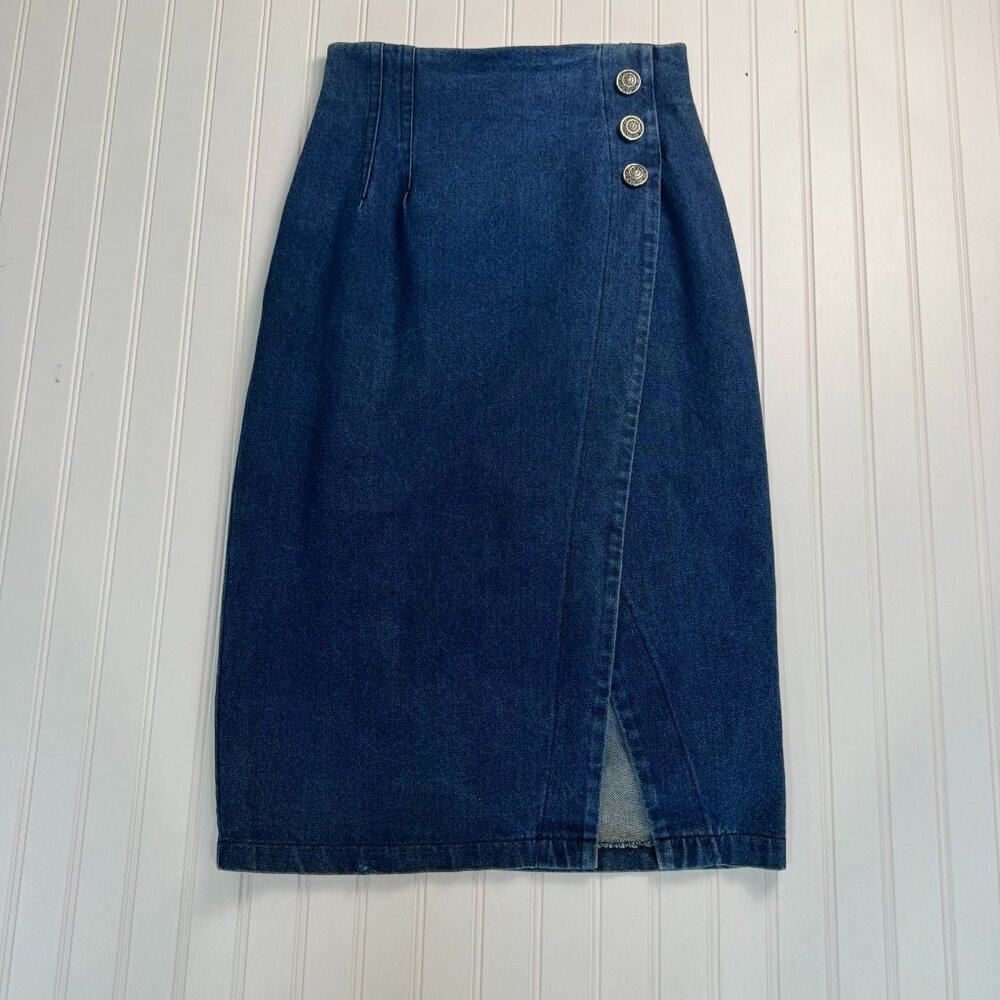 Vintage Apache Dark Wash Denim Wrap Midi Skirt Made In USA H49